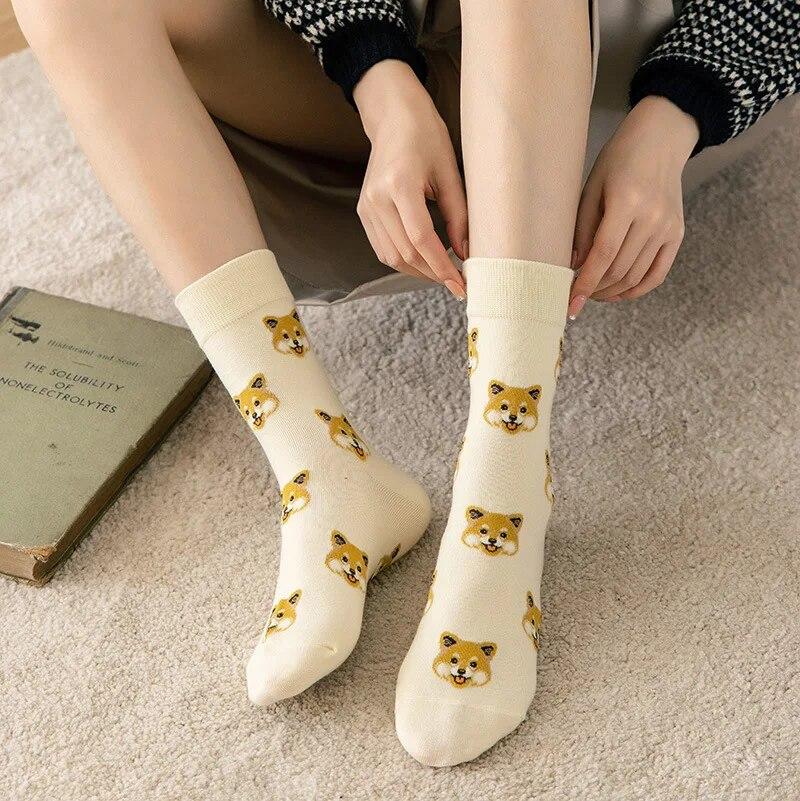 Cute Cartoon Dog Women‘s Sock Kwaii Korea Harajuku Funny Dalmatian Malzis Teddy Pomeranian Long Sox Skarpetki Chaussette Meias