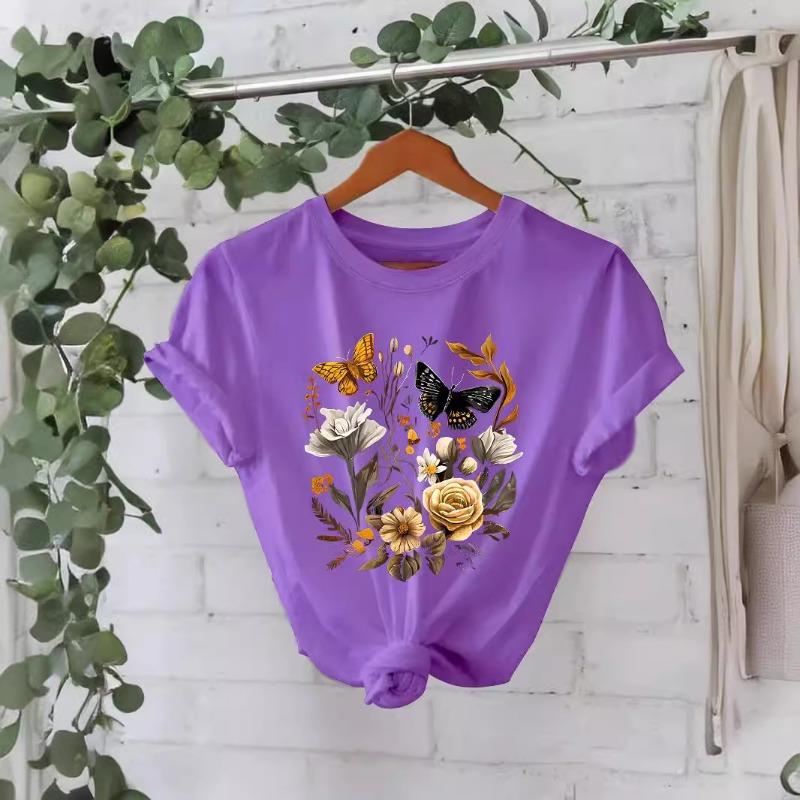 Футболка из хлопка, летняя, с коротким рукавом, круглым вырезом, с цветочным узором, женская