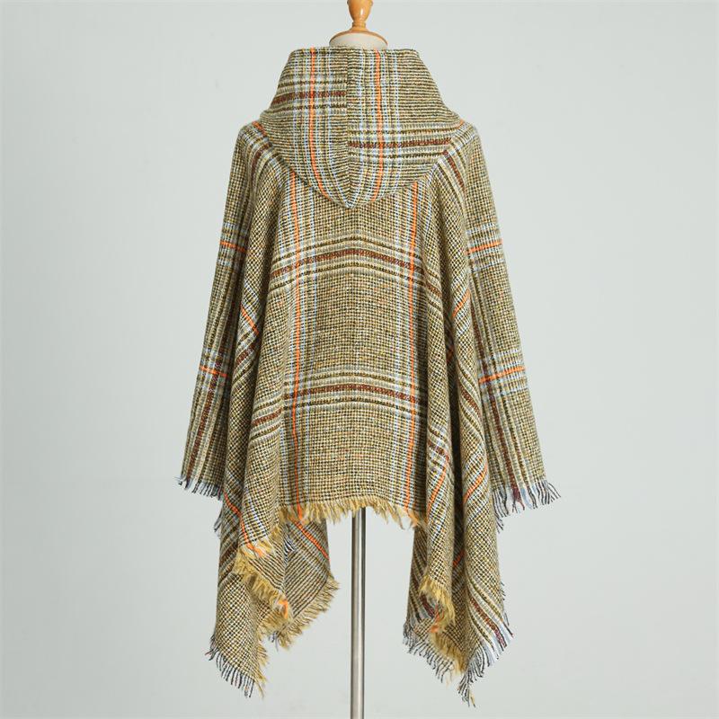 Накидка с капюшоном, клетчатый шарф, имитация кашемира, зимний с теплой шалью, пончо, накидка