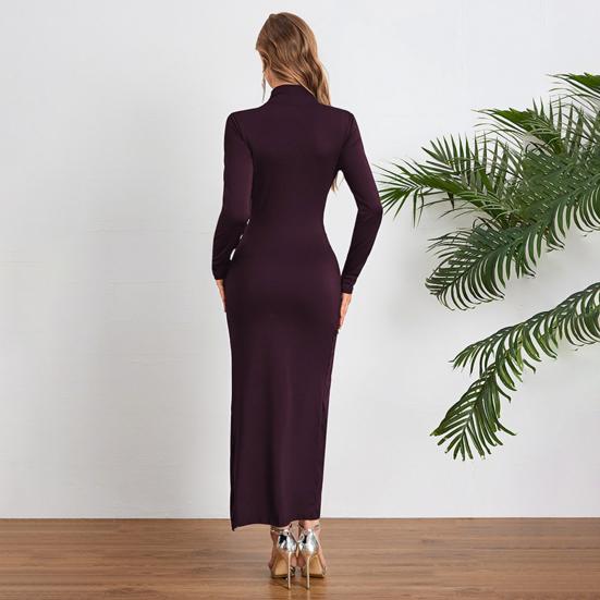 Женское облегающее платье макси с длинным рукавом и полувысоким воротом, разрез спереди, присборенное торжественное платье для коктейльной вечеринки, свадьбы, свидания, ужина в отпуске