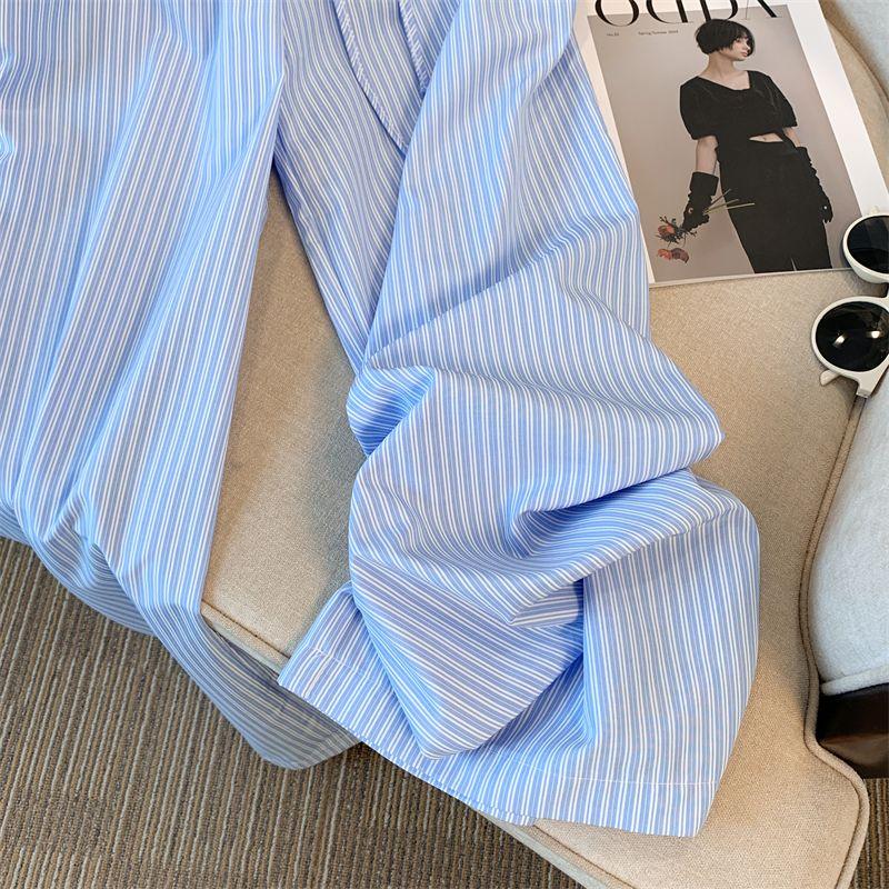 Синие полосатые брюки широкого кроя для женщин - Корейская минималистичная эстетика, повседневные брюки | Летние тонкие, ленивые, свободные, прямые, длиной до пола