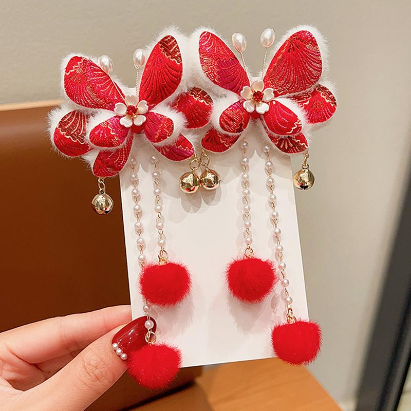 1 пара детских красных заколок-бантов для волос, кавайные аксессуары для волос, заколки для волос с кисточками в виде бабочек, универсальные заколки для волос в старинном стиле