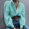 Elegant Loose Fashion Lace Women Shirt Casual Hollow Out Puff Long Sleeve Top Single-breasted Office Blouse Solid Sweet Simple Lapel Women's Clothing
