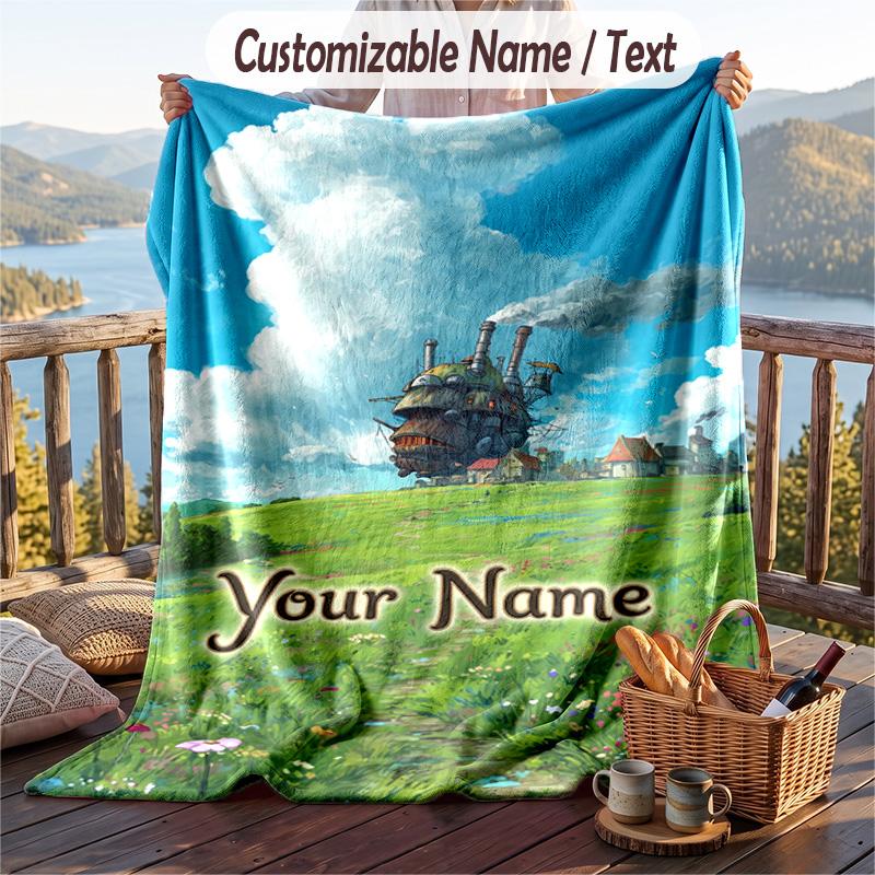 Custom Text Flannel Throw Blanket, Lightweight Cozy Bed Sofa BlanketHowl's Moving Castle