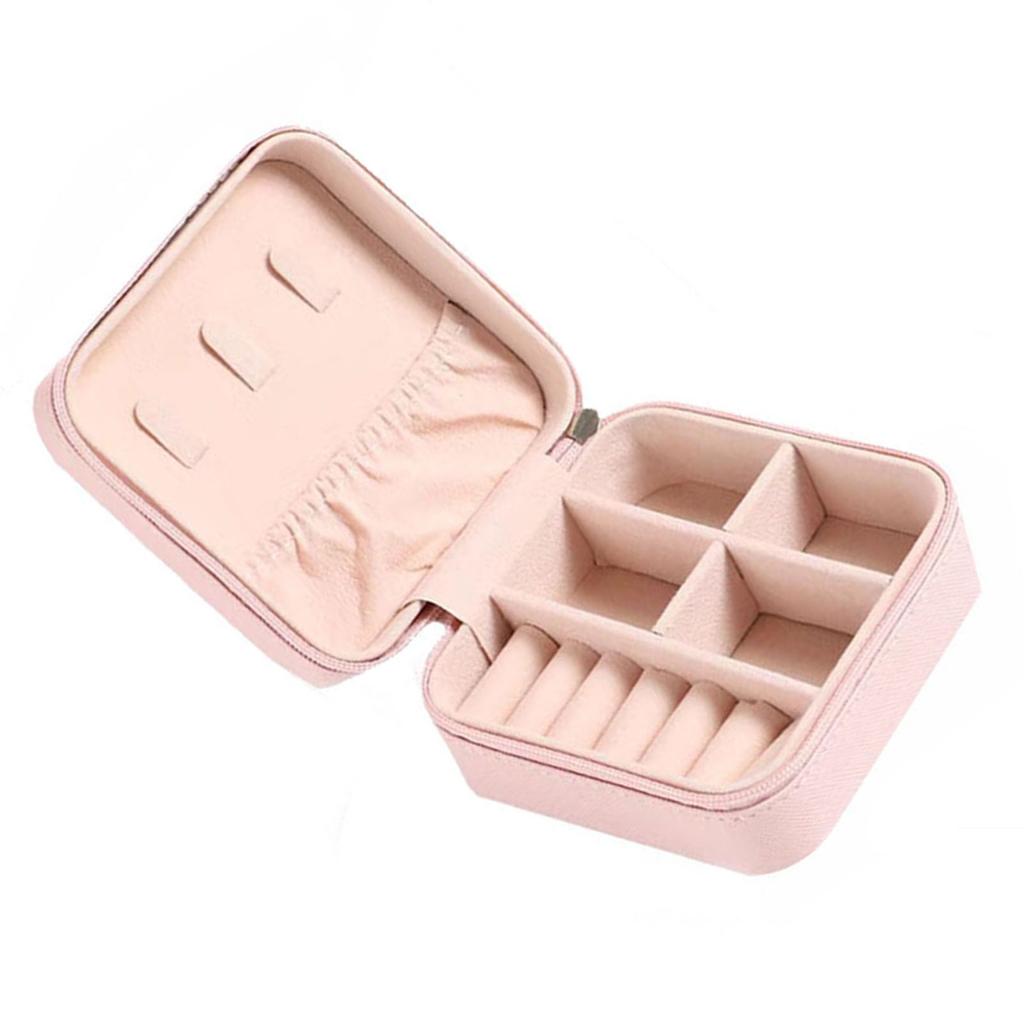 Portable Jewelry Case Multiple Grids Lightweight Mini Travel Jewellery Box with Zipper for Home Business Trip Pink