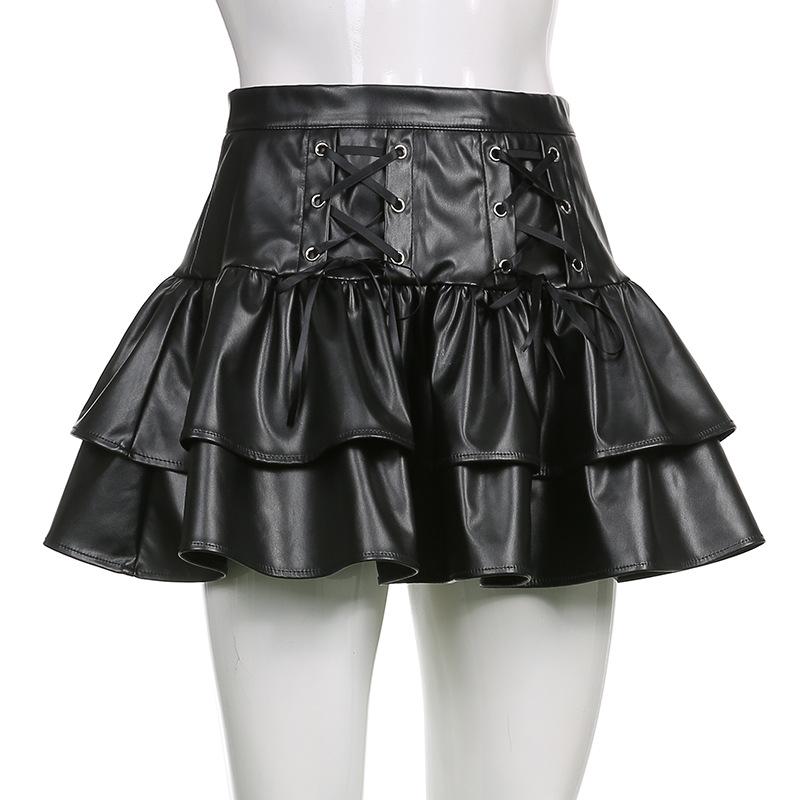 Punk Style PU Leather Mini Skirts Women High Waist Lace Up Black Pleated Skirt Streetwear Korean Style Leisure A-line