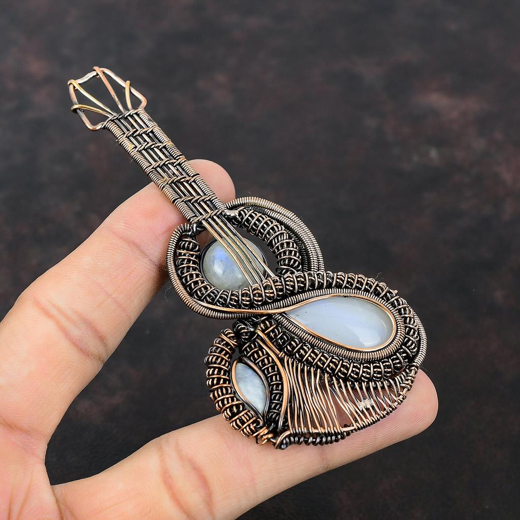 Rainbow Moonstone Pendant Copper Wire Wrapped Pendant Natural Gemstone Pendant Very Pretty Copper Jewelry Gift For Her Guitar Design Pendant