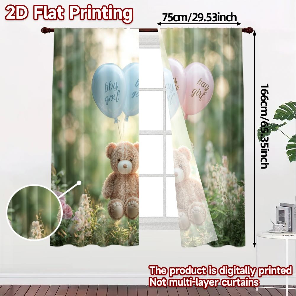 2pcs, 2D FLAT PRINTING Curtains (Without Rod) Teddy Balloons Light Filtering Popular Curtains Durable Polyester Curtains Thermal