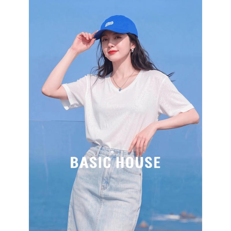 Базовая женская футболка Basic House из чистого хлопка с V-образным вырезом и коротким рукавом