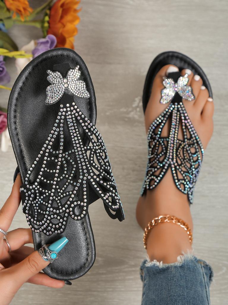 Foreign Trade Large Size Bohemian Cool Slippers Women 2024 Mezzanine Rhinestones Butterfly Sandals Women Vintage Roman Sandals Women