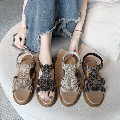 Сандалии на танкетке большого размера женские летние новые фея ветер стразы с открытым носком на толстой подошве римские сандалии женские