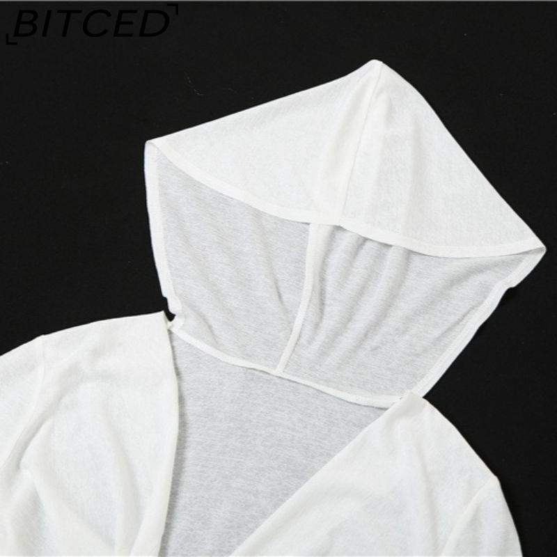BITCED Spring Women's Solid-Color Slim-Fit Crop Top Fashion V-Neck Hooded Long-Sleeve Sun Protection Shirt
