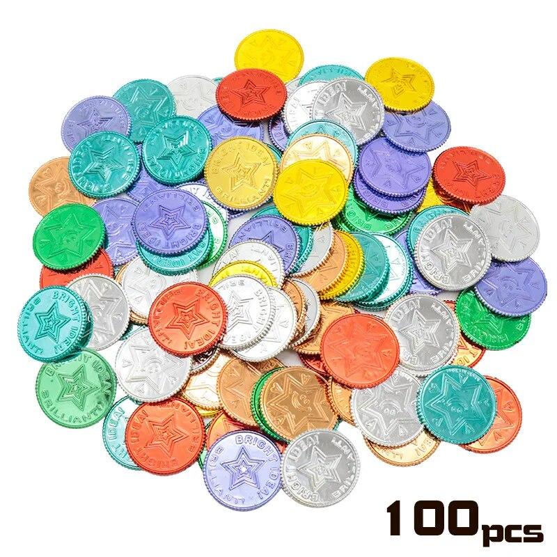 100 шт., рождественская игра, сокровище, пиратская золотая монета, семь цветов, счастливая монета, пластиковая золотая монета, реквизит для свадебной вечеринки, деко
