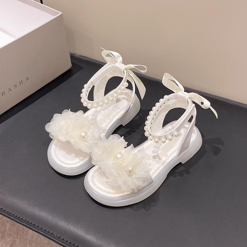 Sweet Girls Princess Sandals Summer Chic Flower Children Causal Open-toe Sandals Fashion Pearl Ankle Strap Kids Flat Sandals New