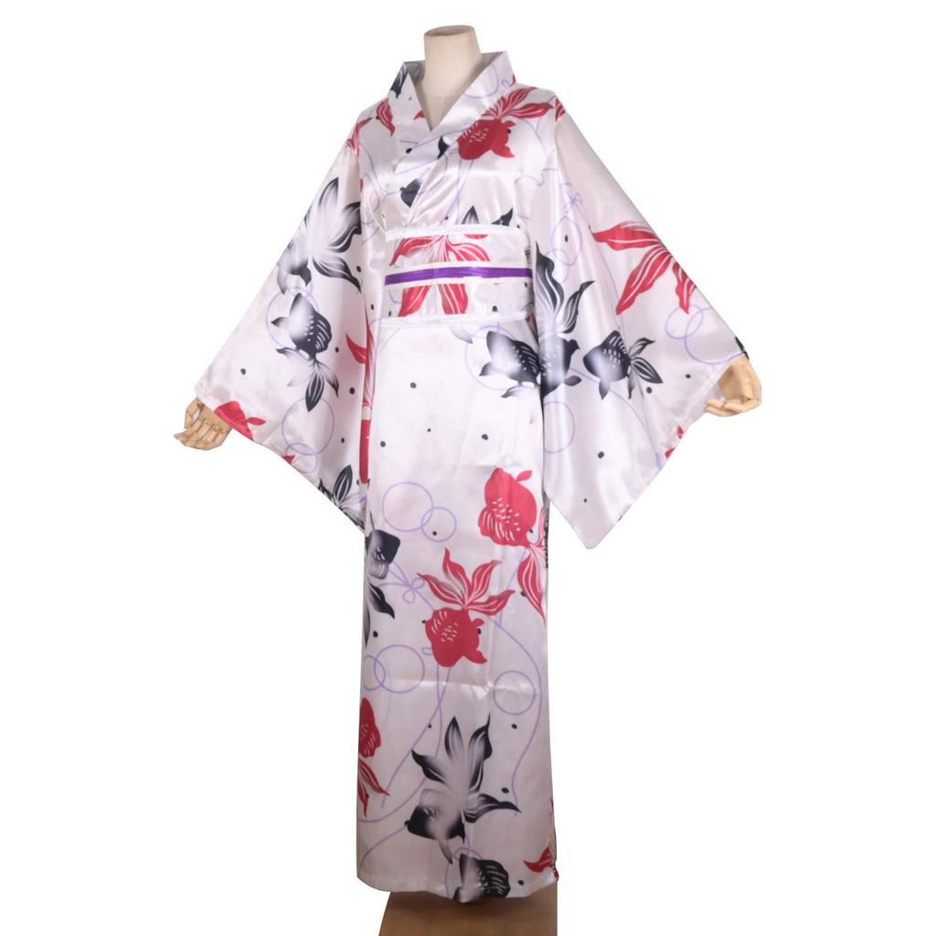 Kimono Costume with Sakura Floral Print Geisha Yukata Long Robe Fancy Dress Asian Japanese Yukata Sleepwear with Obi and Belt L15 Women's (M, - White)