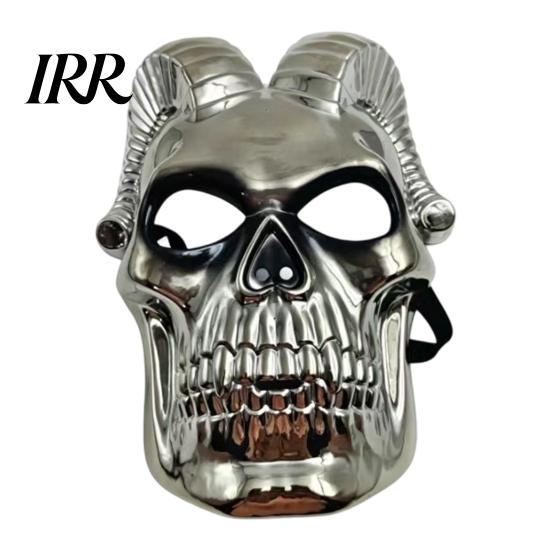 Detailed Devil Mask Halloween Skull Mask, Silver Demon Ram Horn Face Realistic Horned for Party, Scary Headgear, Glossy Metallic Cosplay Prop Headgear