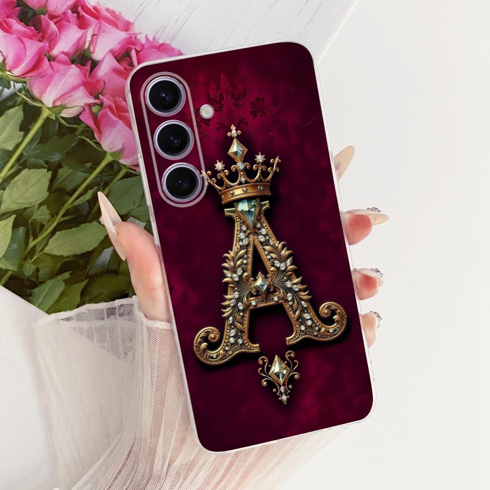Чехол для Samsung S24 Прозрачный Роскошная Корона Буквы от A до Z 2D Плоский Рисунок Мягкий Корпус для Samsung Galaxy S24 SM-S921B