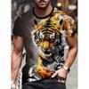 Roaring Tiger Face Printed T-Shirt for Men Trendy Short Sleeve Tees Cool Realistic Animal Graphic Round Neck Hip Hop Style Dark Streetwear Tops Male