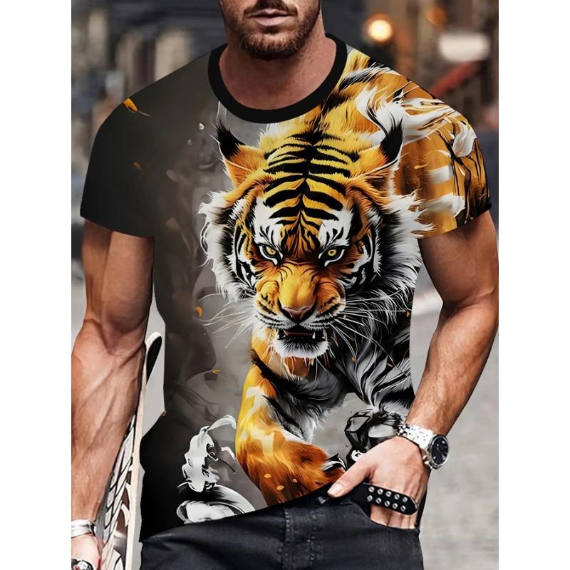 Roaring Tiger Face Printed T-Shirt for Men Trendy Short Sleeve Tees Cool Realistic Animal Graphic Round Neck Hip Hop Style Dark Streetwear Tops Male