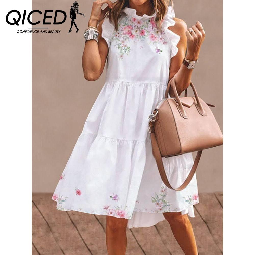 QICED Women Floral Print Dress Loose Streetwear Knee Length Sleeveless Ruffle Party Dress S-3XL