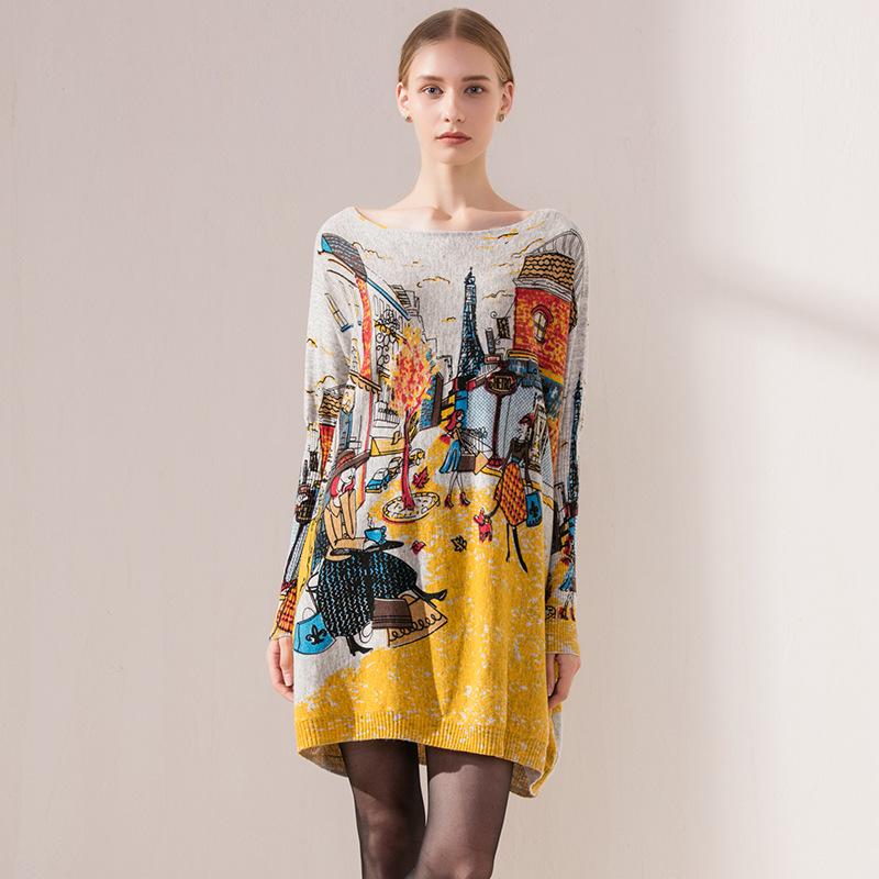 QICED Весна и осень Большие размеры Женский рукав летучая мышь Женский одинарный джемпер свитер с принтом Женское платье