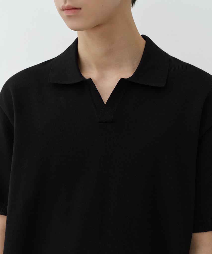 MUSINSA STANDARD Washable Supima Cotton Slit Neck Knitted Polo Shirt [Black]