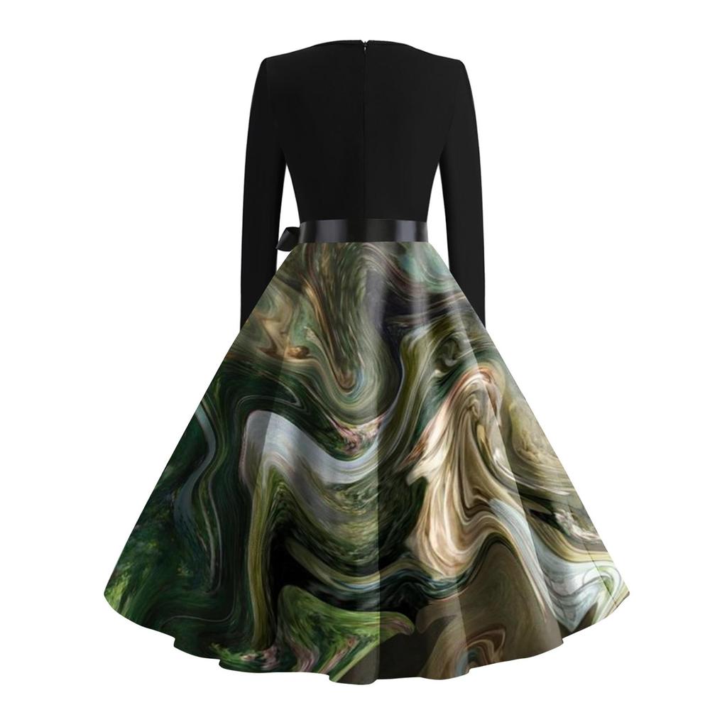 Женское расклешенное платье с принтом для женщин, платье с длинным рукавом, вечерние повседневные платья