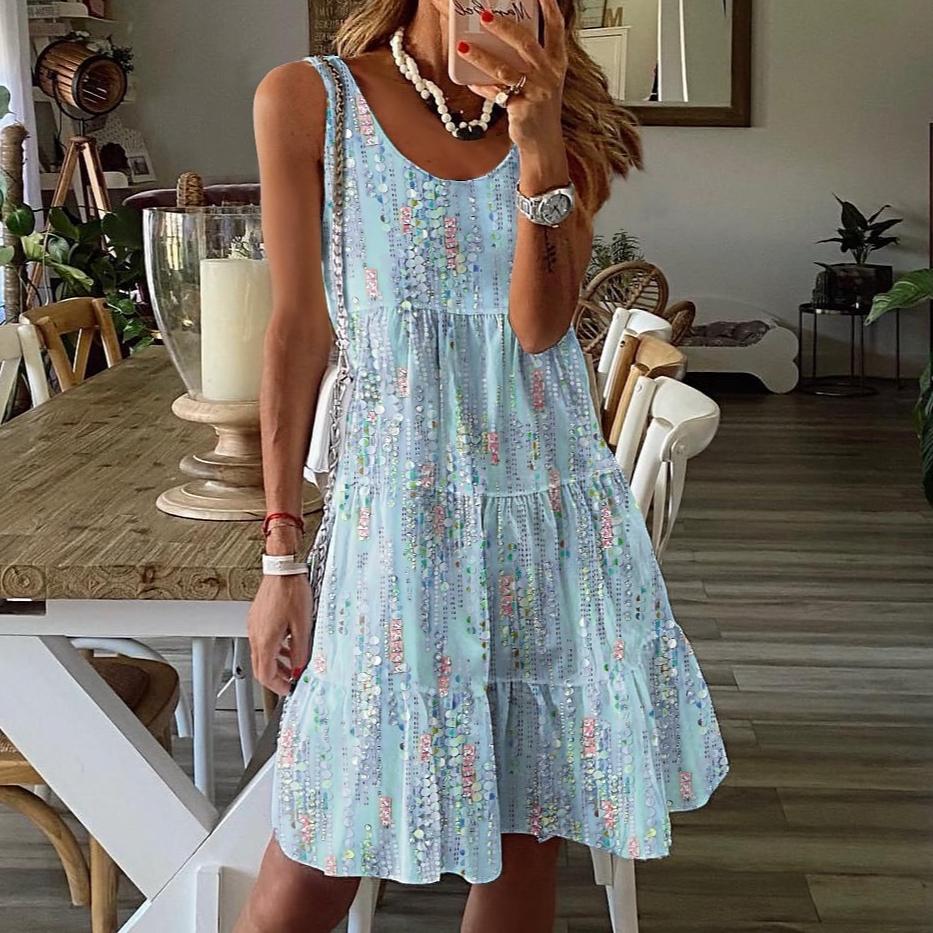 Spring and Summer New Casual and Fashionable Floral Print Loose Round Neck Sleeveless Mid Length Dress