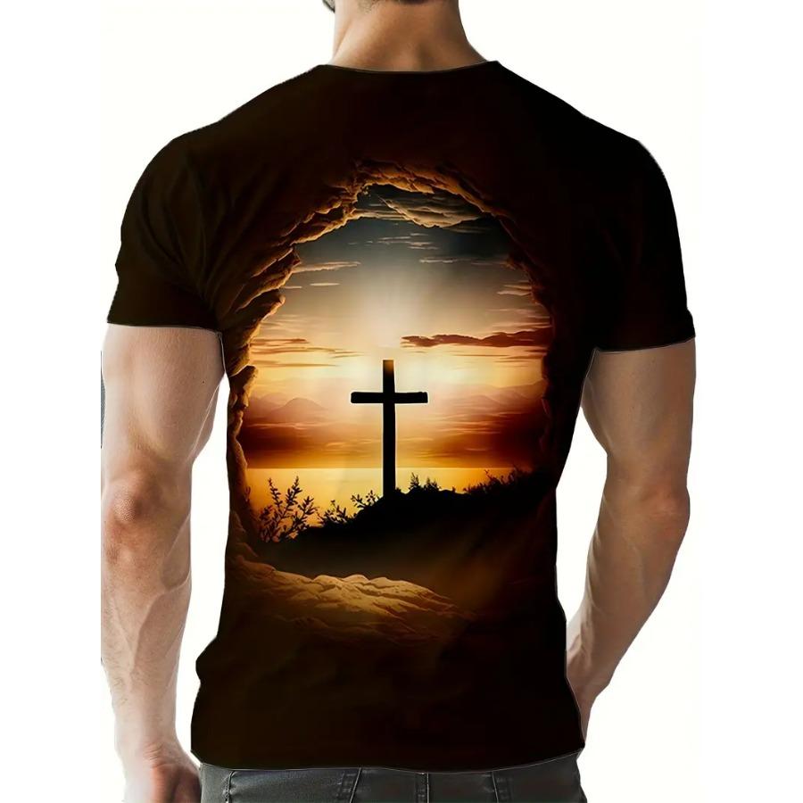 Men's 3D Cross Graphic Print Tee - Casual Short Sleeve Crew Neck T-shirt for Summer Outdoor Activities and Novelty Pajamas - Slightly Stretchy