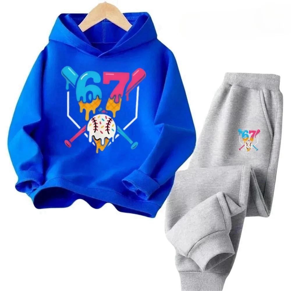 Bruh 67 Six Seven Funny Children's Hoodies Set Cartoon Print Tracksuit Casual Kids 2pcs Outfits Fashion Trend Pants Suit