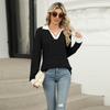 Spring Autumn Long Sleeve Lapel Fake Two Piece Pit Women Pullover T Shirt Blouse Top
