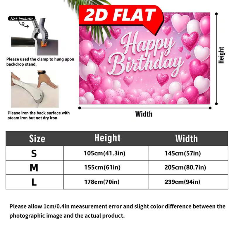 2D Pink Happy Birthday Backdrop, Glitter Heart & Balloon Photography Background
