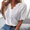 Женская летняя рубашка с короткими рукавами, однотонная, кружевная, белая