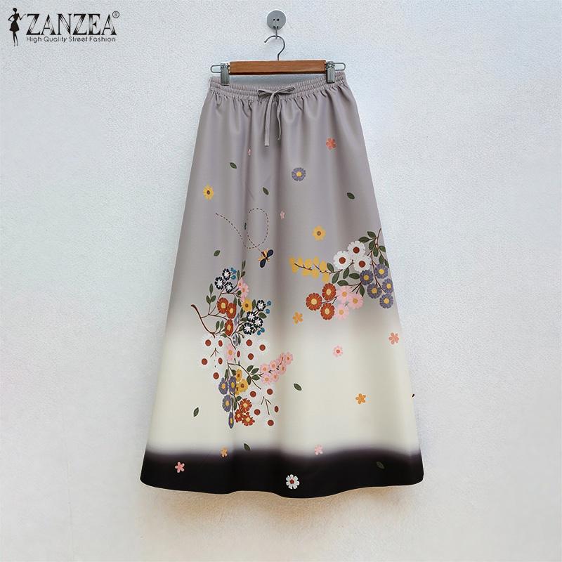ZANZEA Women Casual Elastic Waist Loose Print Long Skirts