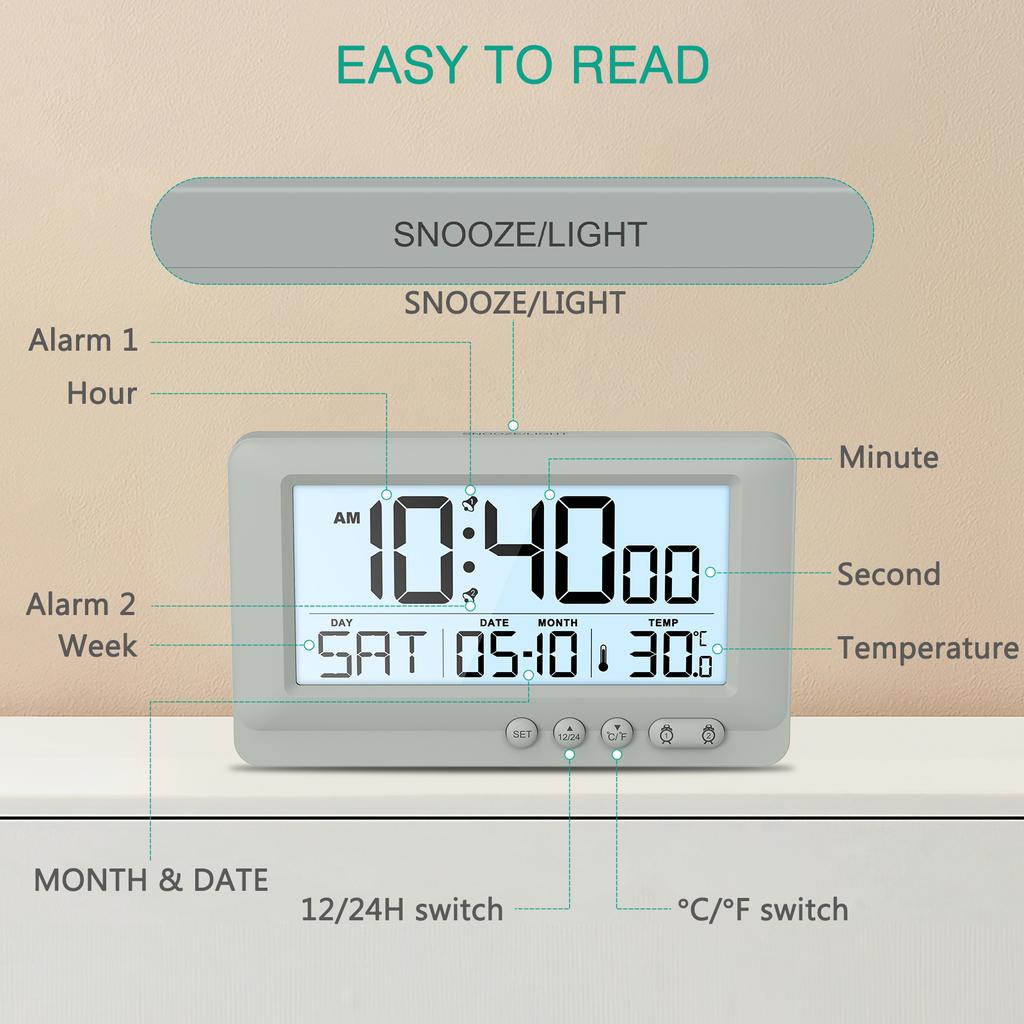 ORIA Travel Alarm Clock LCD Display Digital Clock with Dual Alarms Portable Alarm Clock With Calendar for Bedroom Office Travel