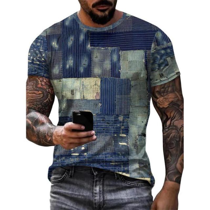 Vintage T-Shirt For Men Patchwork Denim Graphic Tee 3D Printing Short Sleeve Casual T Shirt Oversized Men's Clothing Tops Summer