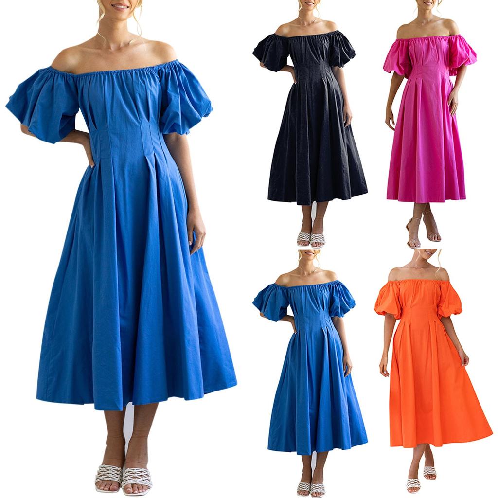 Women's Fashionable Solid Color One Line Neckline Bubble Short-Sleeved Temperament Pleated High Waisted Dress