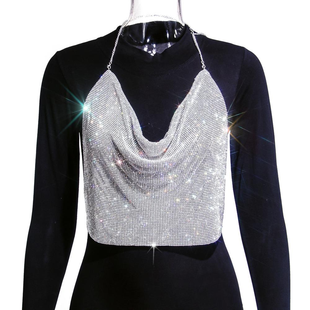 Европейская и американская мода Стразы Цепочка Бретелька Глубокий V-образный вырез Открытая спина Кроп-топ