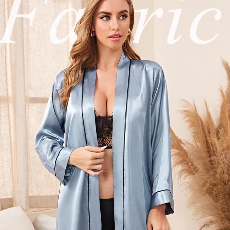 Spring New Style Pajamas Women's Bathroom Cardigan Lace-up Bathrobe Summer Thin Simple Fashion Long Ice Silk Pajamas