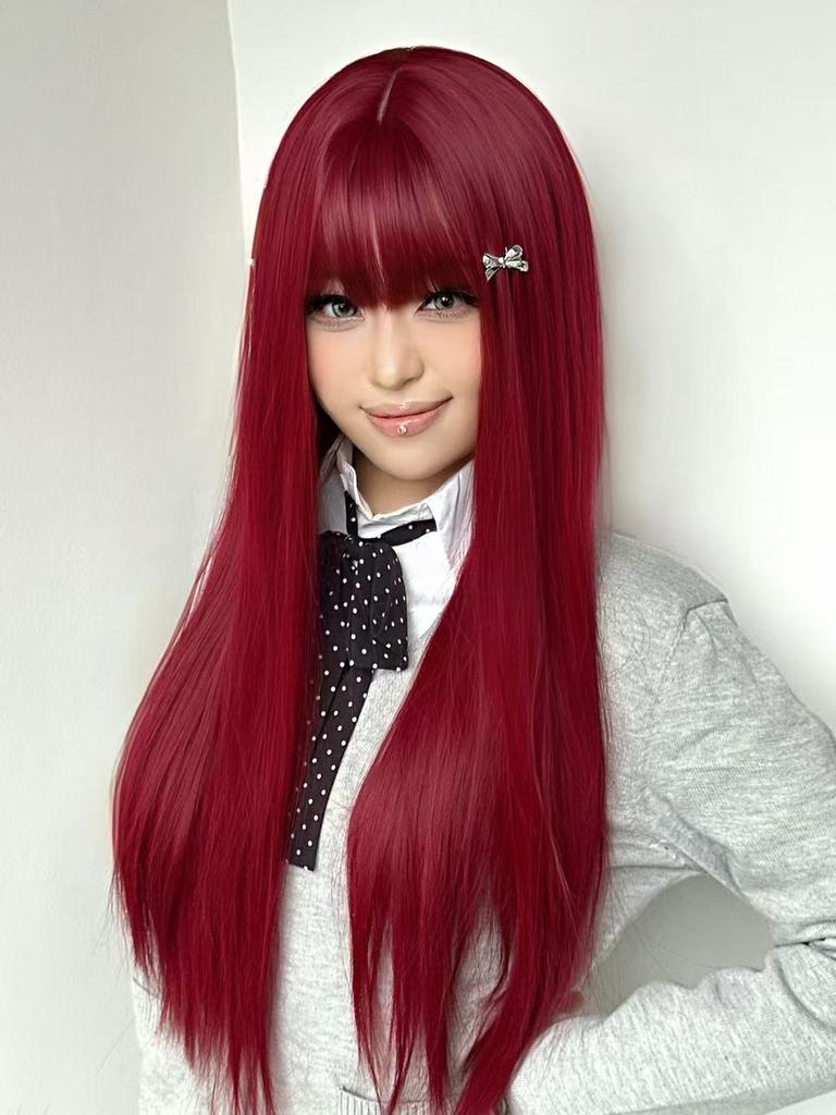 Fashion Qi bangs wig women's full head cover Zhang Yuanying same medium black long straight simulation daily whole wig cover