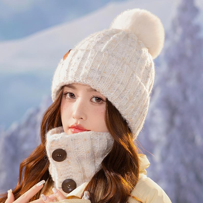 Winter Women Knitted Hat Scarf Set Thickened Fleece Lining Skullcap Outdoor Cycling Warm Wind Protection Beanies