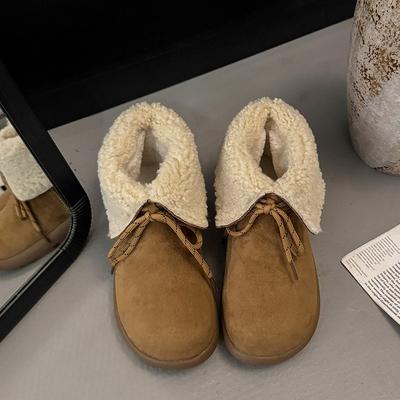 Ретро лацкан короткая труба толстая подошва зимние женские 2025 новые с круглым носком шнуровка Мори хлопковые сапоги