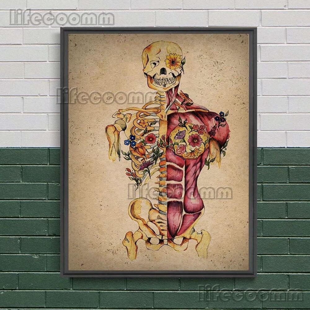 Человеческие органы и цветы акварель Ретро настенная живопись холст картина опорно-двигательного аппарата и растения плакат и принт домашний декор без рамки