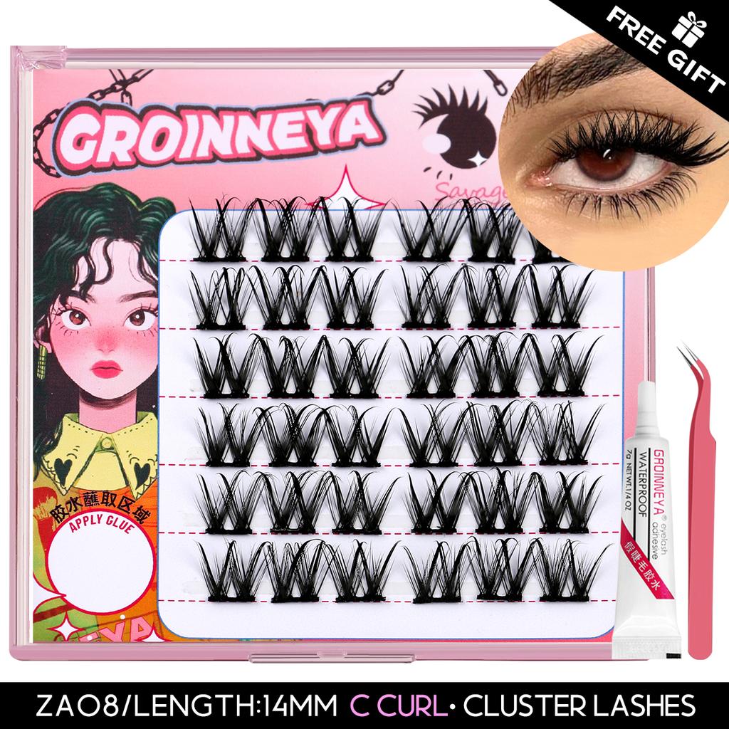 GROINNEYA DIY Eyelash Extension Kit Individual Lashes Cluster Mix Lash Clusters with Lash Bond and Seal and Lash Accessories