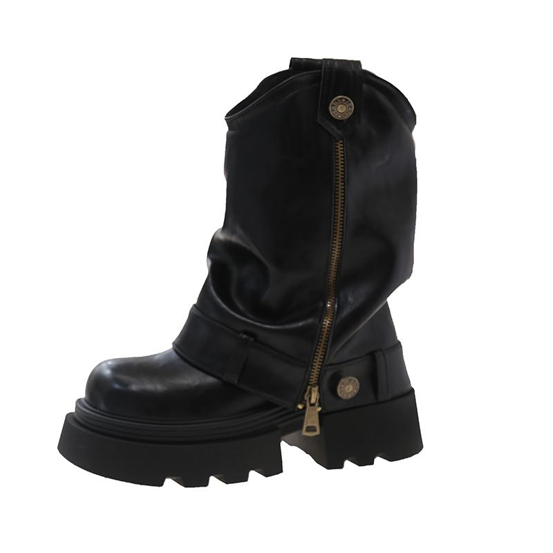 Женские высокие сапоги на платформе, челси, толстый каблук, короткие плюшевые зимние ботинки до середины голени, зимние трендовые кожаные ботинки на молнии в готическом стиле 2025 года