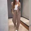 2 Pcs/Set Women Shirt Pants Set V Neck Single-breasted Long Sleeves Knitted Loose Top Drawstring Elastic