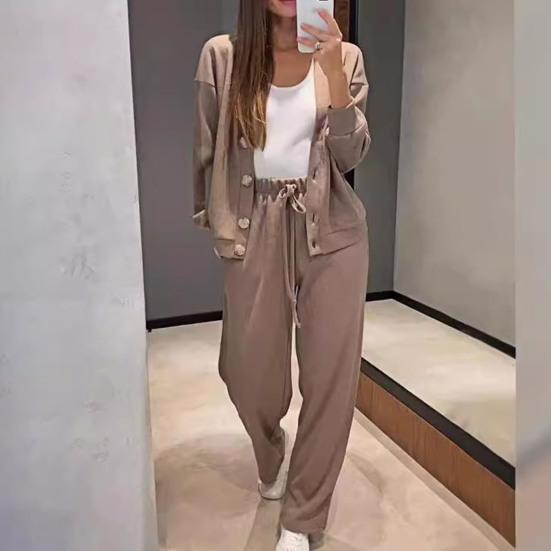 2 Pcs/Set Women Shirt Pants Set V Neck Single-breasted Long Sleeves Knitted Loose Top Drawstring Elastic