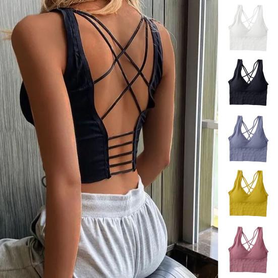 Women Vest Bra Cross Back V Neck Push Up Padded No Steel Ring Detachable Chest Pads Solid Color Yoga Bra Female Underwear