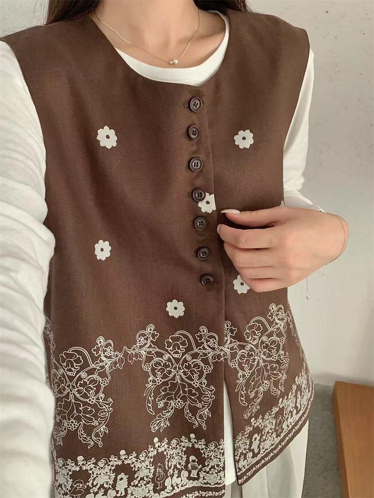 Johnature Bohemian Round Neck Printed Loose Vest For Women Versatile Casual Sleeveless Coat