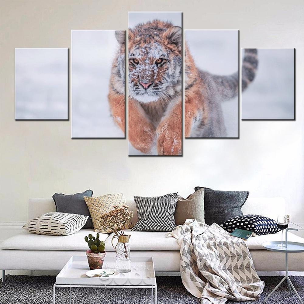5 Pieces Canvas Wall Arts Animals Poster And Picture Painting Siberian Tiger Snow Winter Wallpaper Home Decor Living Room Mural